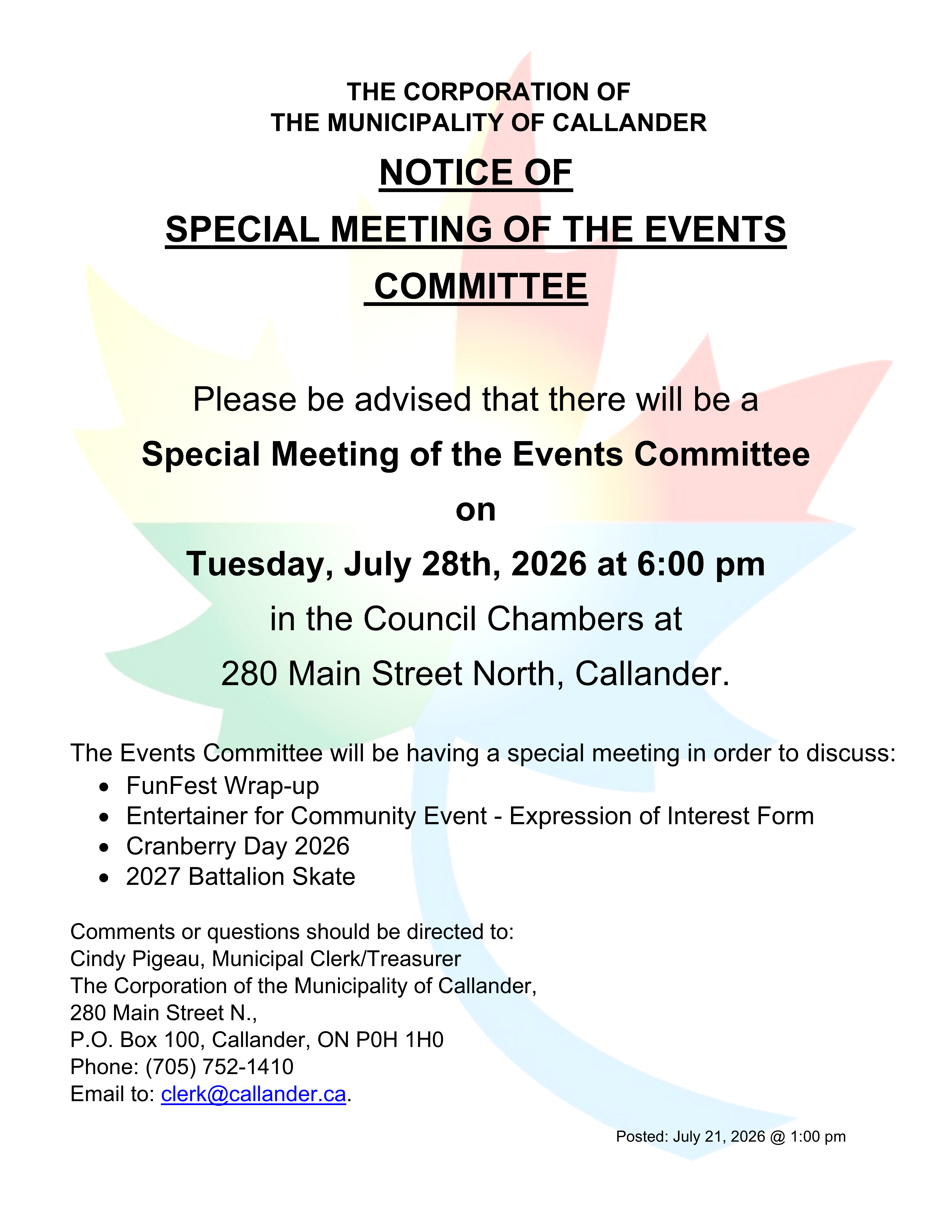 Notice of Special Meeting - Events Committee
